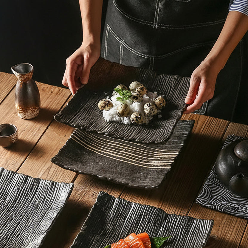 Prato Kuro Sabi Quadrado em Cerâmica Japonesa